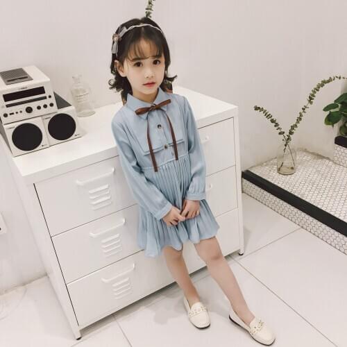 Korean style pleated Kids Girl back to school dress new cute Children long sleeve chiffon dress bowknot doll collar DR19134