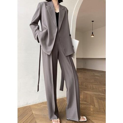 High-quality womens pants suit two-piece blazer+wide leg pants new gray loose casual ladies office jackets elegant trousers