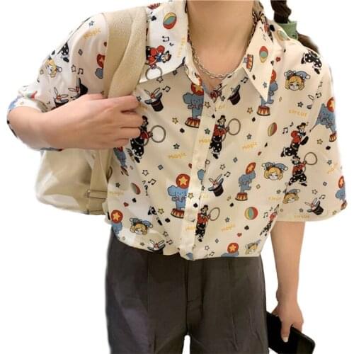 2021 Summer Vintage Women Cartoon Circus Clown Print Blouse Turn Down Collar Half Sleeves Shirt Teen Girls Button Up Blusas Top