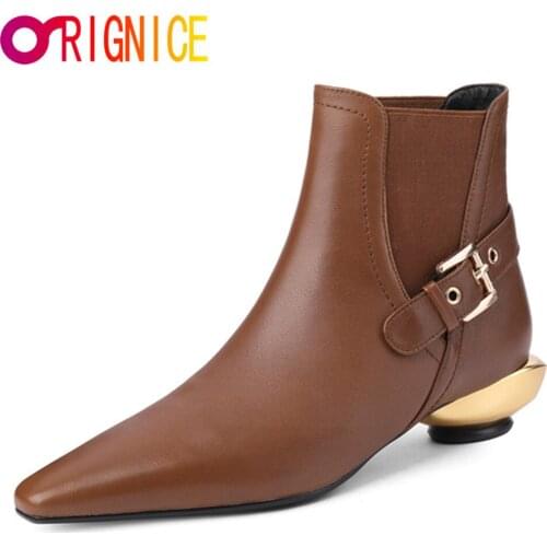 Orignice Women Ankle Boots Genuine Leather Side Zip Retro Pointed Toe Ladies Round Chunky Heel Buckle Dress Prom Handmade Shoes
