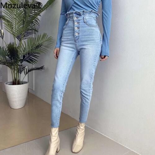 Mozuleva Streetwear High Waist Ruffles Women Jeans Pants Single-breasted Female Pencil Jeans 2020 Women Denim Skinny Trousers