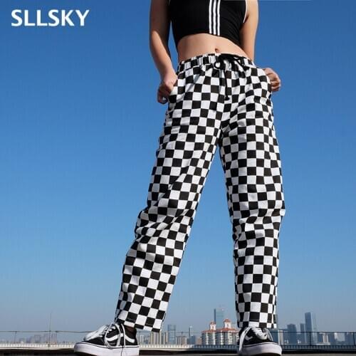 SLLSKY Checkered Plaid Straight Pants Women High Waist Loose Drawstring Jogging Pants Casual Fashion Hip hop Female Streetwear