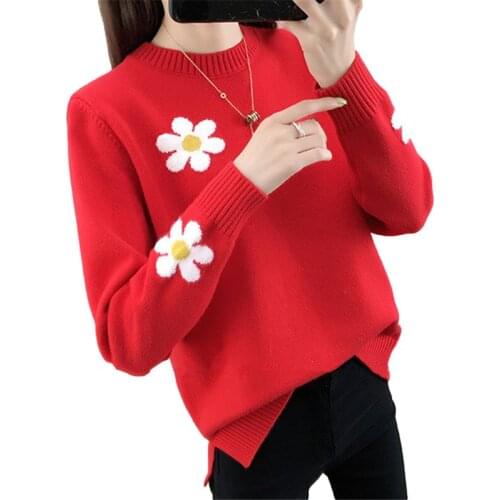 Korean Fashion Embroidery Flowers Knitted Sweater Women Tops Loose 4 Color Jumper Ladies O-Neck Long Sleeve Knit Pullover Female