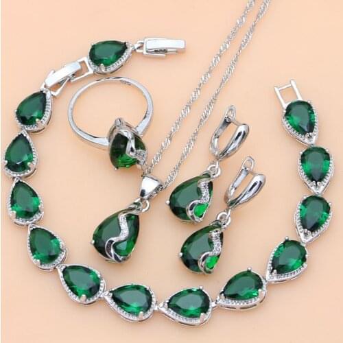 Luxury 925 Silver Jewelry Sets Natural Green Emerald White Crystal Drop Jewelry Sets Women Anniversary Dropshipping