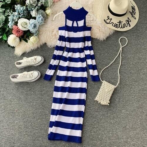 Vintage 2021 Slim Halter Neck Autumn Striped Print Dress Off Shoulder Bodycon Knitted Midi Long Party Women Elegant tunic Dress