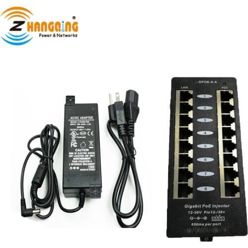 ZQ-GPoE 8Port Gigabit Mode A PoE Injector 1000Mbps Security PoE Patch Panel For 802.3af Standard PoE Camera With 48V 60W Power