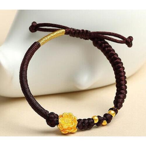Pure 24K Yellow Gold 3D Lotus Flower with Bead Brown Knitted Bracelet 16cm