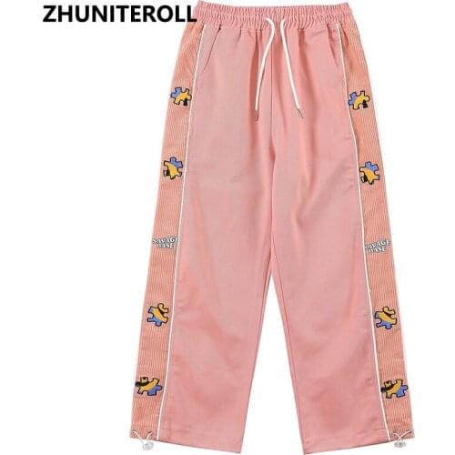 Harajuku Side Corduroy Embroidery Pants Men Vintage Patchwork Pants Hip Hop SweatPants Fashion Baggy Joggers Streetwear Trousers