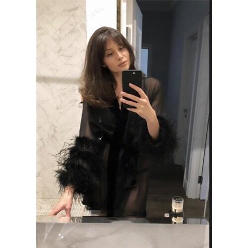 White Short Feather Bathrobe Womens Bath Gown Tulle Illusion Long Bridal Robe Wedding Nightgown