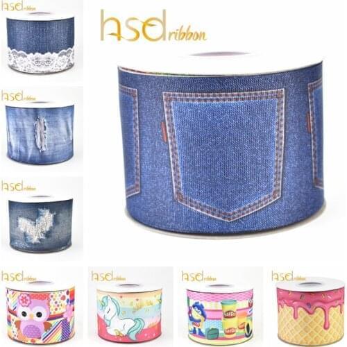 HSDRibbon free shipping 3" 75mm heat transfer printed Denim fabric series Grosgrain Ribbon 50Yards per Roll