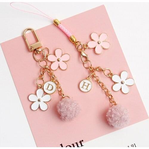 Ins Luxury Cherry Flower KeyChains Car Keys Bag Key Chains Decor Plush Ball Pendent Charms for Airpods for Samsung Buds Gifts