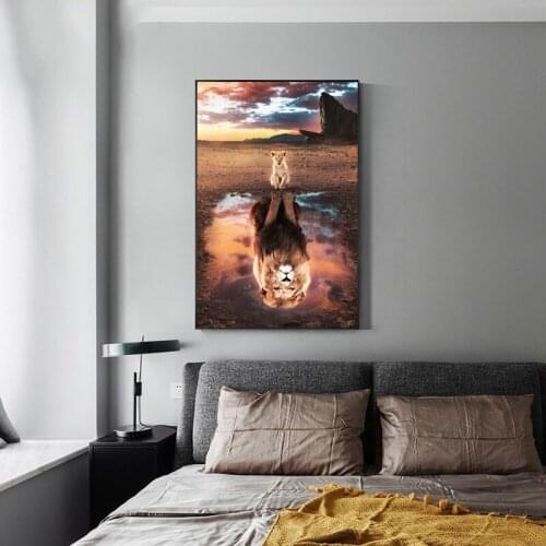 The Reflection of The Lion Cub In The Water Canvas Painting Art Nordic Posters and Prints Wall Pictures for Living Room Decor