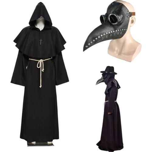 Cosplay Plague Doctor Costume Medieval Hooded Robe Steampunk Terror Mask Adult Monk Suit Halloween Party Role Play C34143AD