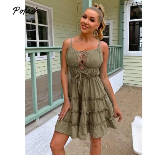 Pofash Lace Up Mini Dresses For Women Clothing Spaghetti Strap Backless Ruffle Summer Vestidos 2021 Female Tie Sexy Loose Dress