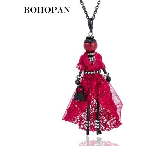 Fashion Red Dress Girl Doll Necklace Black Handbag Retro Toy Figurine Sweater Necklace Rhinestone Jewelry collier femme Party