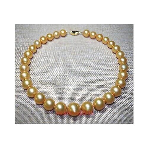 AAAAA 18"12-11 mm round real natural south sea deep golden pearl necklace > jewerly free shipping