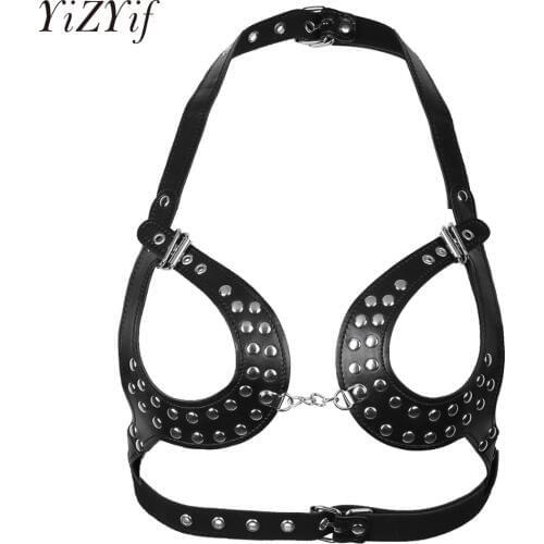 Sexy Women Leather Cupless Bra Lingerie Chest Harness BDSM Bra Bondage Punk Gothic Flirting Costume Halter Nightclub Clothing
