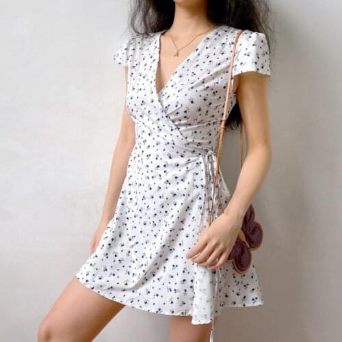 TVVOVVIN Spring Women Fashionable Blue Flower French Tie deep V-neck A-line New Bow Knee-length Skirt Dress On White 3RUS