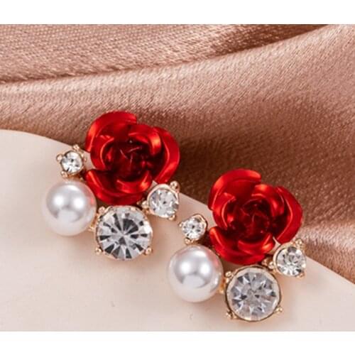 Vintage Red Rose Rhinestone Stud Earrings For Women Flower Butterfly Angel Wing Imitation Pearl Earring Classic Wedding Jewelry
