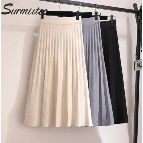 Surmiitro Knitted Midi Pleated Skirt Women For Autumn Winter 2020 Korean Ladies High Waist White Black Pleated Skirt Female