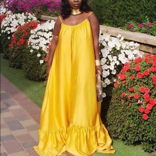 Yellow Spaghetti Strap Dress Long For Women Loose Floor Length Sleeveless Sexy For Evening Night Party Club Wear Dresses Vestido