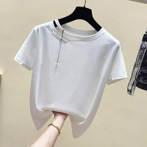 GGRIGHR Summer Girls Beading Letter Tee Shirts Women Short Sleeve Cotton T-shirt Woman Casual O-Neck Tops Female Korean Harajuku