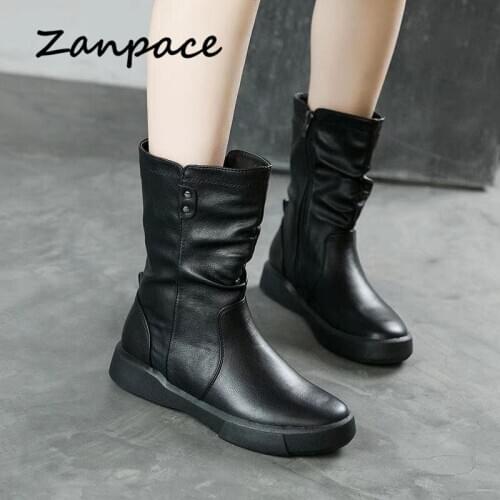 New Womens Platform Heels Ankle Boots 2020 Large Size 42 Leather Womens Winter Boots Autumn Round Toe Plus Velvet Women Shoes
