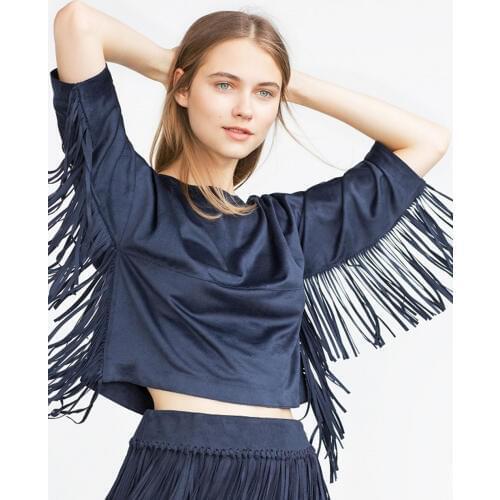 Spring navy blue new fringed tassels stitching faux suede women pullover Sweatshirt skirt set
