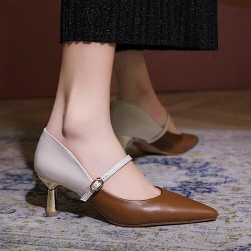 2021 Spring Autumn Woman Mary Janes Shoes Patchwork Pumps Pointed Toe High Heels Dress Shoes Elegant Ladies Office Shoe 8931L
