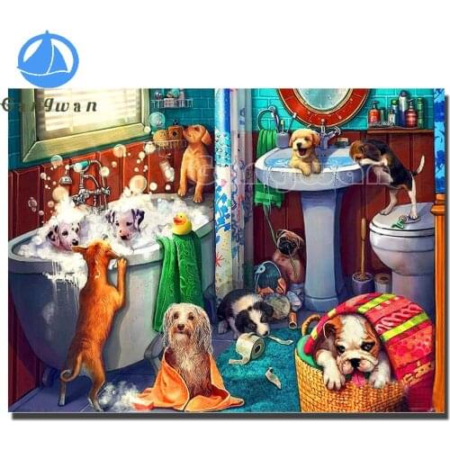Diamond Painting funny dogs in bathroom Full Square Round drill 5D DIY diamond embroidery Rhinestones mosaic cute puppy Decor