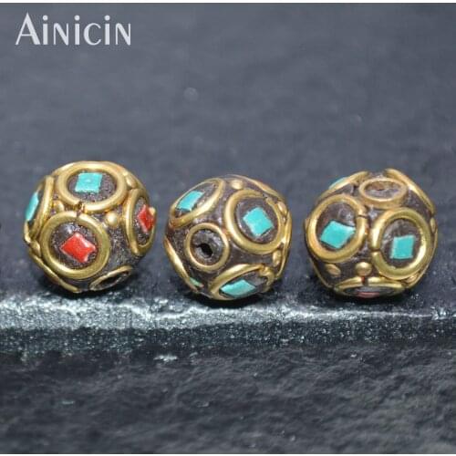 High Quality Tibetan DIY Findings 11mm Diameter Handmade Copper Metal Nepal Beads Artificial Coral Paved Loose Beads 20pcs