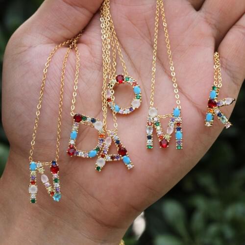 Trendy Colorful Initial Pendant Necklace Women Rainbow A-Z 26 Letter O-Chain Gold Necklace Charm Jewelry For Femme Wedding Gift
