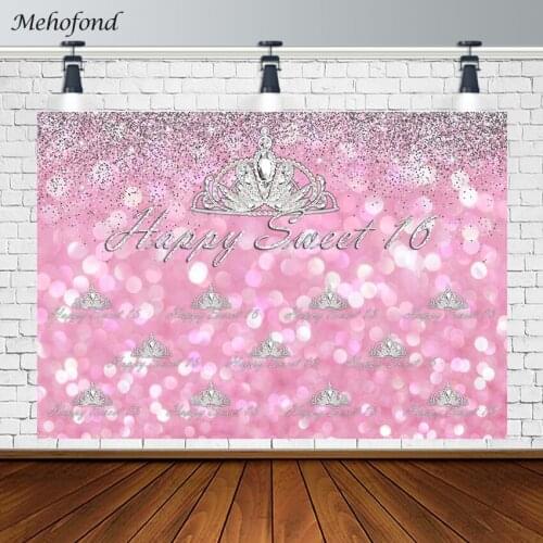 Mehofond Happy Sweet 16 Birthday Party Photography Background Crown Princess Backdrop Pink Shiny Fond Studio Photozone Photocall