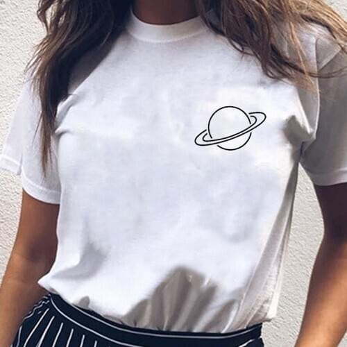 Womens T-shirt Saturn Shirt Tumblr UFO Tee Star Space Shirt Casual Funny Tee Top White T-shirt Ladies Clothing Women
