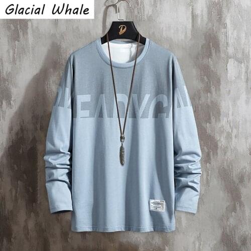 GlacialWhale Mens T Shirt Men 2021 Spring Oversized 100% Cotton Long Sleeve Tshirt Japanese Streetwear Vintage Blue T-Shirt Men