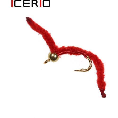 ICERIO 12PCS Bead Head San Juan Worm Trout Crappie Fishing Fly Artificial Lures Earth Worm #16