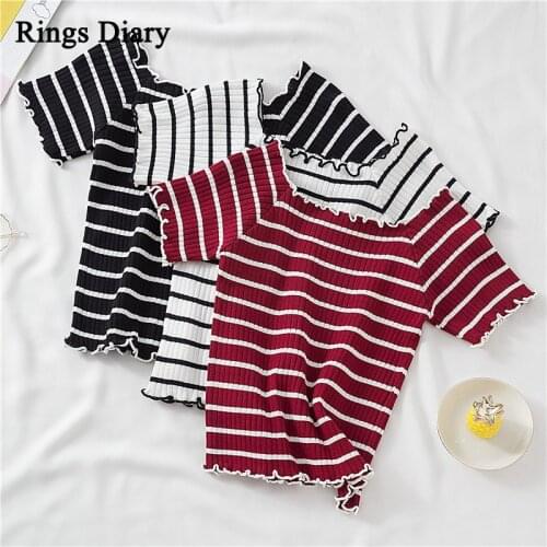 Rings Diary Women T-Shirts Knitting Stripes Off Shoulder Flounce Hem Tees Women Short Sleeve T-Shirt Cute Crop Tops Women Summer