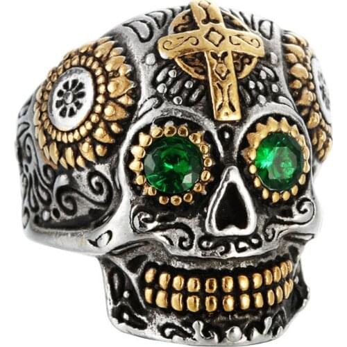 Hip-Hop Stainless Steel Skull Rings Cross Carved Skeleton Crystal Finger for Men Punk Cool Jewelry US Size 8-12
