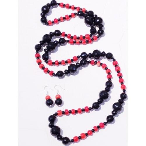 LiiJi Unique Black Agates Onyx Round Beads Dye Red Coral Long Necklace Approx 96cm