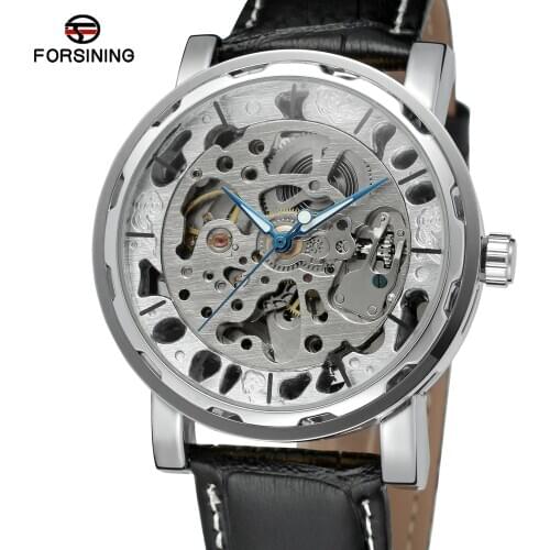 Forsining Mechanical Top Brand Men Hand Wind Skeleton Watches Male Dress Fashion Clock Style Black Gold Blue Color Leather Band