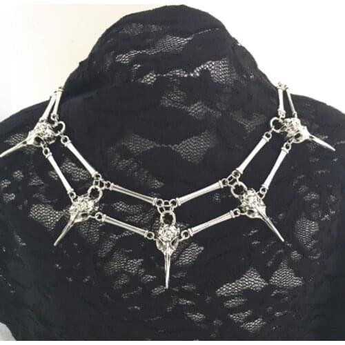 Fashion Witch Crow Bird Skull Gothic Pendant Necklace Steampunk Gothic Collar Necklace Boho Mystic Pagan Jewelry