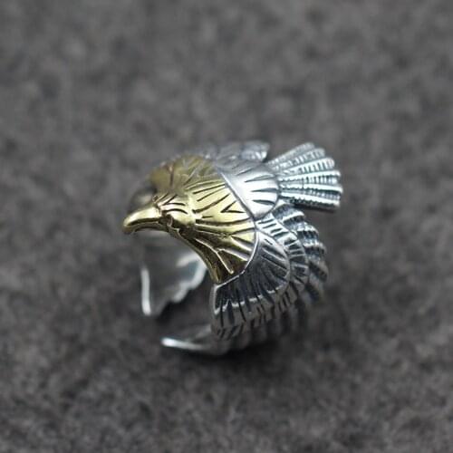 Real S925 Plain Silver Vintage Golden Eagle Mens Ring Exquisite Anniversary Gift Jewelry