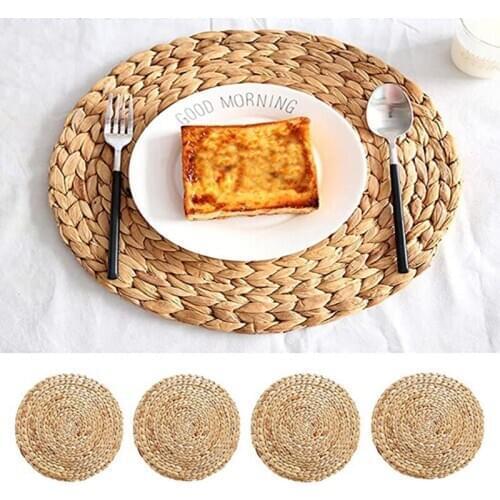 Natural Water Grass Woven Placemat Round Woven Rattan Table Mat Water Gourd Placemat Round Pad Woven Anti-Skidding Pad
