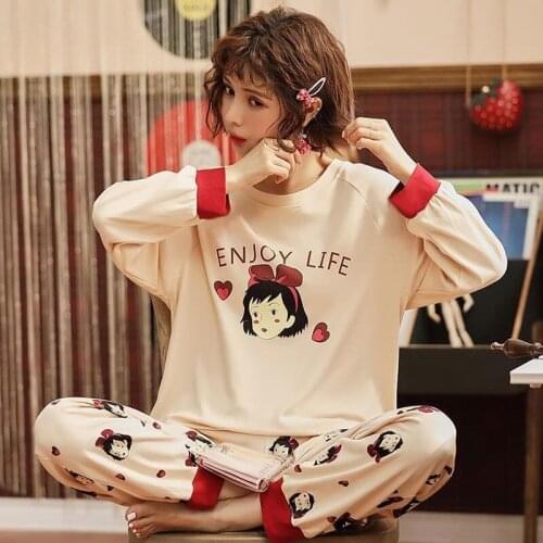Long-sleeved Pajamas Women Spring Autumn Cartoon Cute Ladies Pyjama Long-sleeved Trouser Two-piece Comfortable Home Service Suit