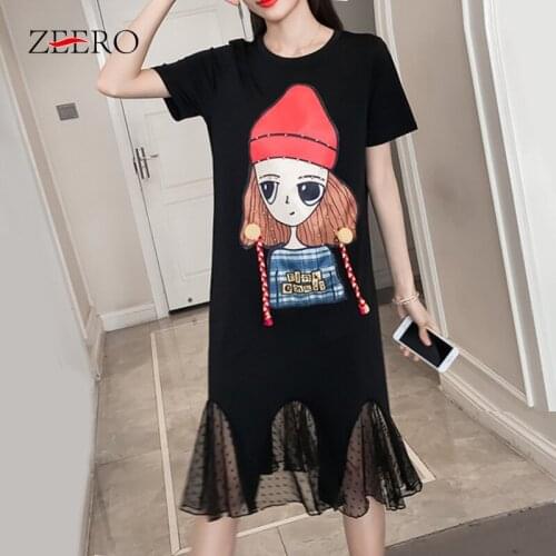 Summer Korean Women Cartoon Appliques Casual Plus Size Ruffles Dress Elegant Female Black Patchwork Loose Mesh Midi Dresses 4XL