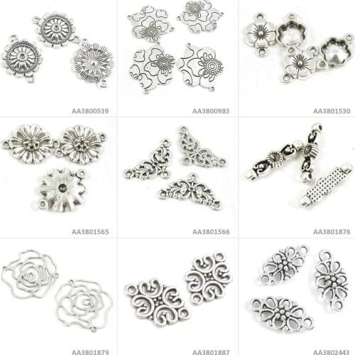 Antique Silver Tone Jewelry Charms Flower Lucky Connector Sunflower Plum Joiner chrysanthemum Bracelet Beading Craft Making