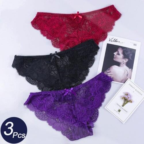 3Pcs/lot Sexy Womens Hollow Out Lace Panties Underwear Seamless Briefs With Bow Low Waist Soft Comfort Breathable Lady Lingerie