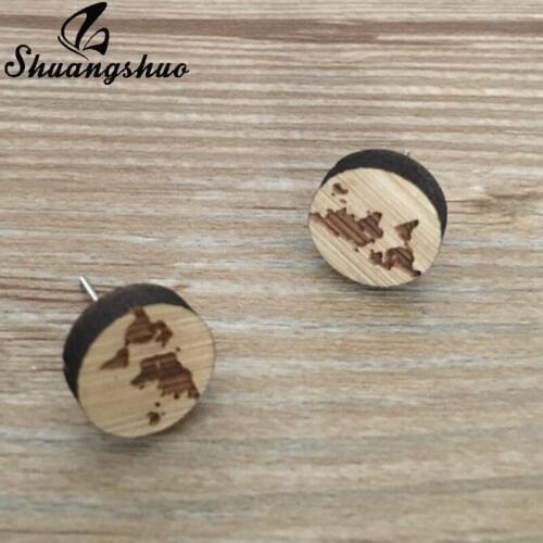 Shuangshuo Wood World Map Earrings Female Geometric Earrings for Women Stud Earrings 2019 Korean Fashion Accessories brincos