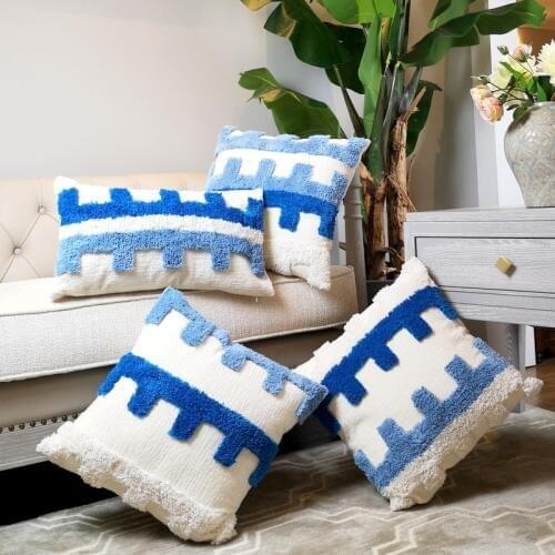 Blue Cushion Cover Pillow Case Wool Handmade with Tassels For Sofa Seat Simple Home Decorative Canvas 45x45cm Boho style