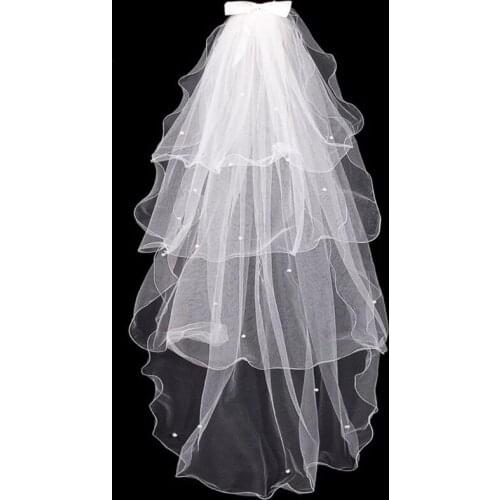 Tulle Wedding Dress Veils White Bowknot Bridal Multi Layer Hair Veil Comb Faux Pearls Bride Fairy Marriage Accessories